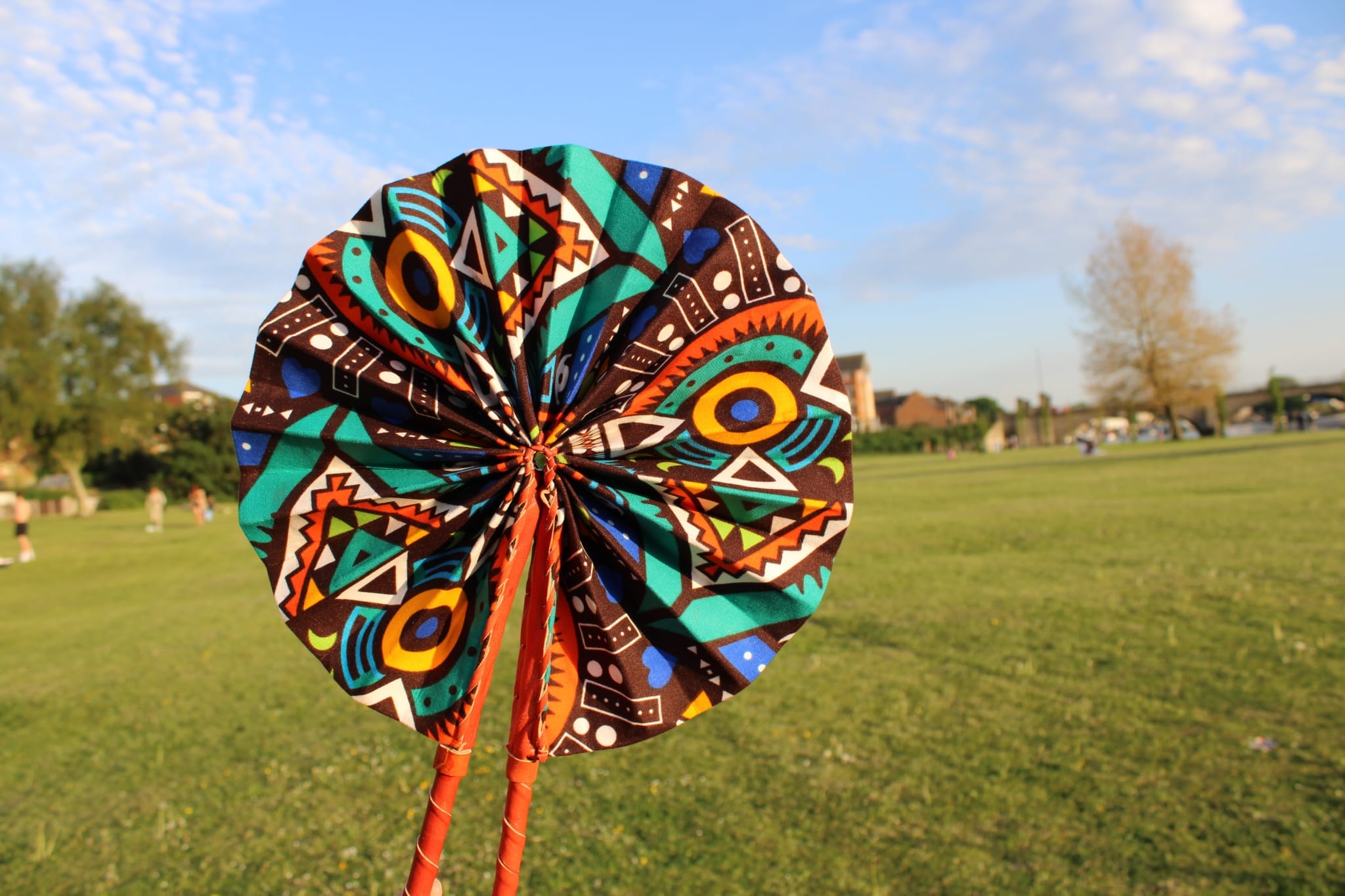 Turquoise & Orange African Wax Fabric Fan